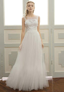 Sleeveless Lace Tulle Wedding Dress A-Line V Back Illusion Bateau