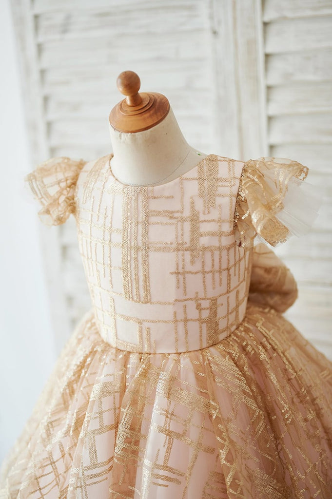Princess Cap Sleeves V Back Pink Tulle Champagne Sequin