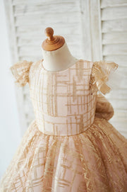 Princess Cap Sleeves V Back Pink Tulle Champagne Sequin