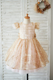 Princess Cap Sleeves V Back Pink Tulle Champagne Sequin