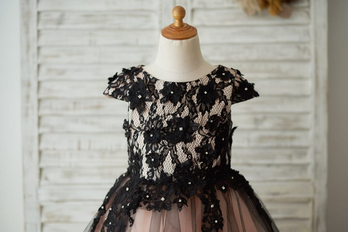 Black Lace Tulle Short Sleeves Wedding Flower Girl Dress, Sequin Bow