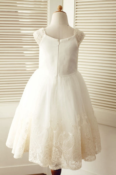 Cap Sleeves Champagne Lace Ivory Tulle Wedding Flower Girl