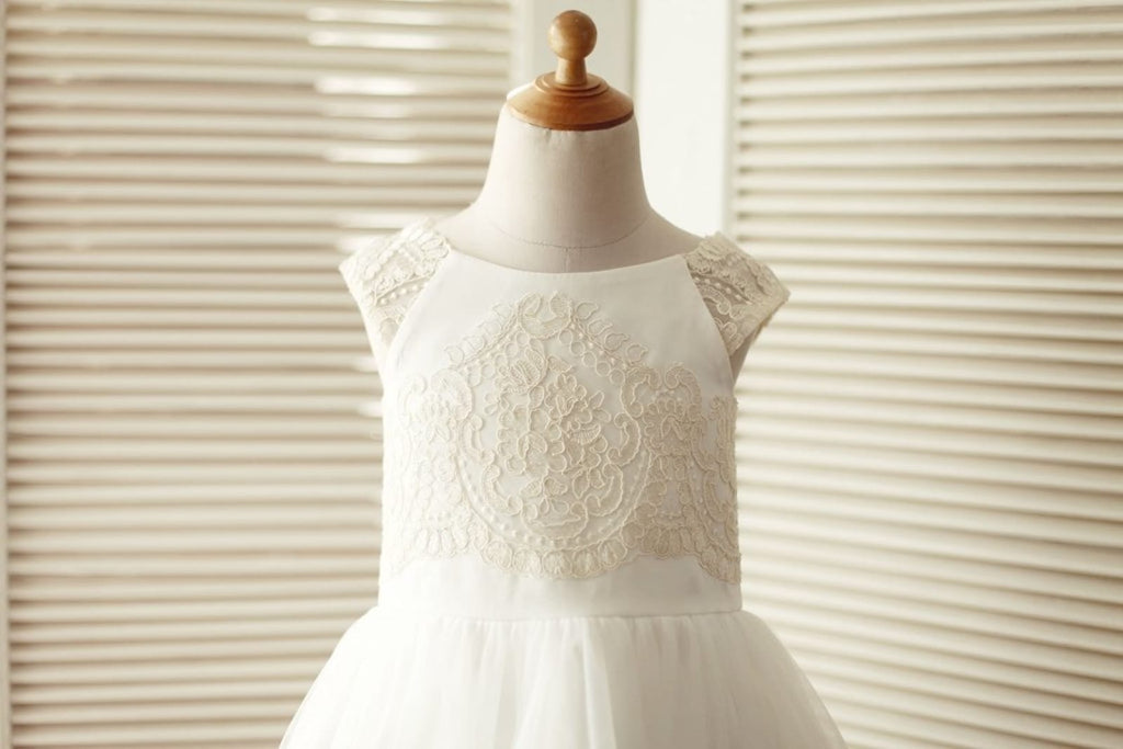 Cap Sleeves Champagne Lace Ivory Tulle Wedding Flower Girl