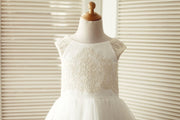 Cap Sleeves Champagne Lace Ivory Tulle Wedding Flower Girl 
