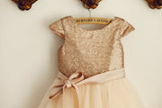 Cap Sleeves Champagne Sequin Tulle Wedding Flower Girl Dress