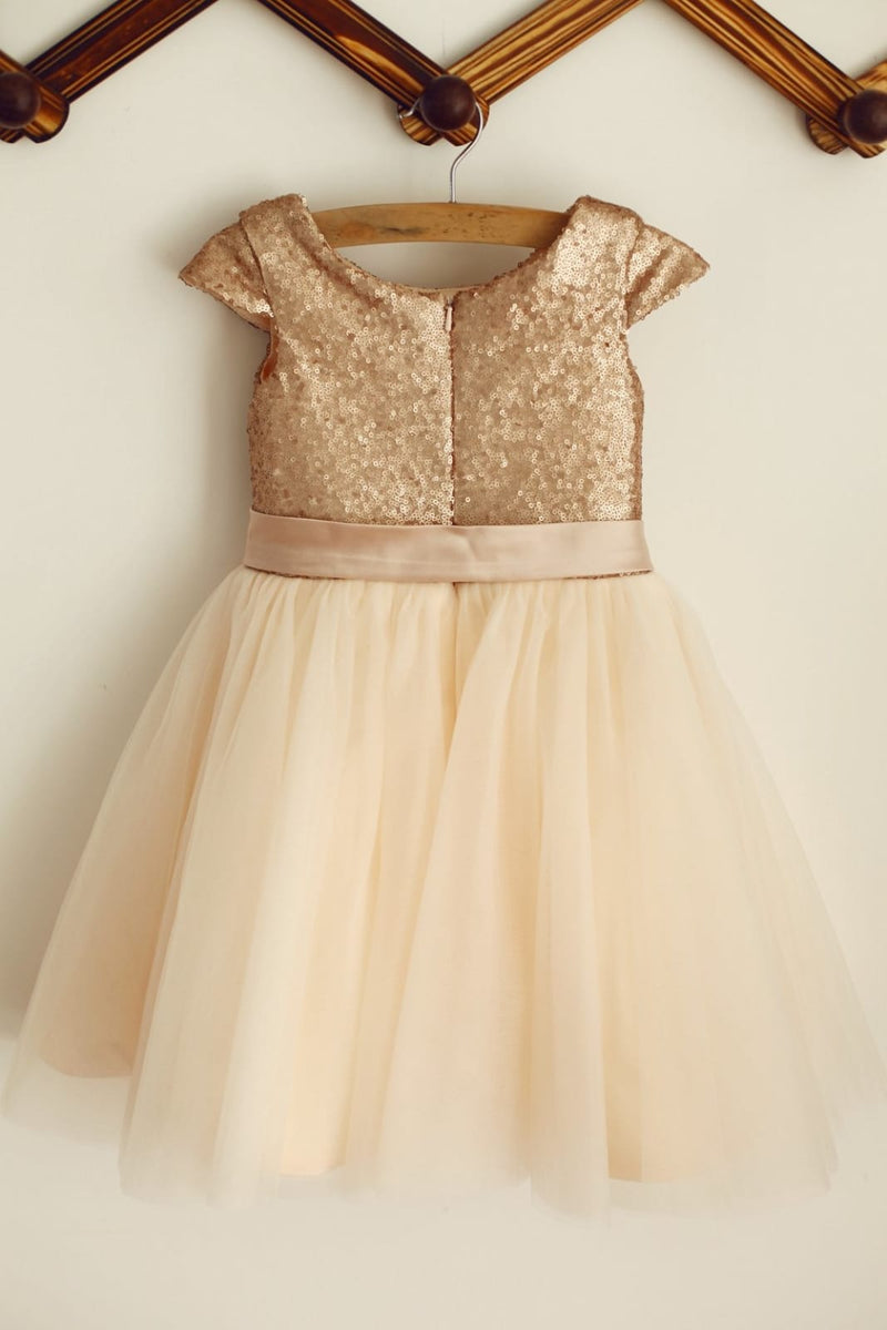 Peach/Champagne/Mint/Silver/Navy Sequin Tulle Flower Girl Dress
