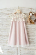 Cap Sleeves Ivory Lace Chiffon Pink Lining Wedding Flower Girl Dress