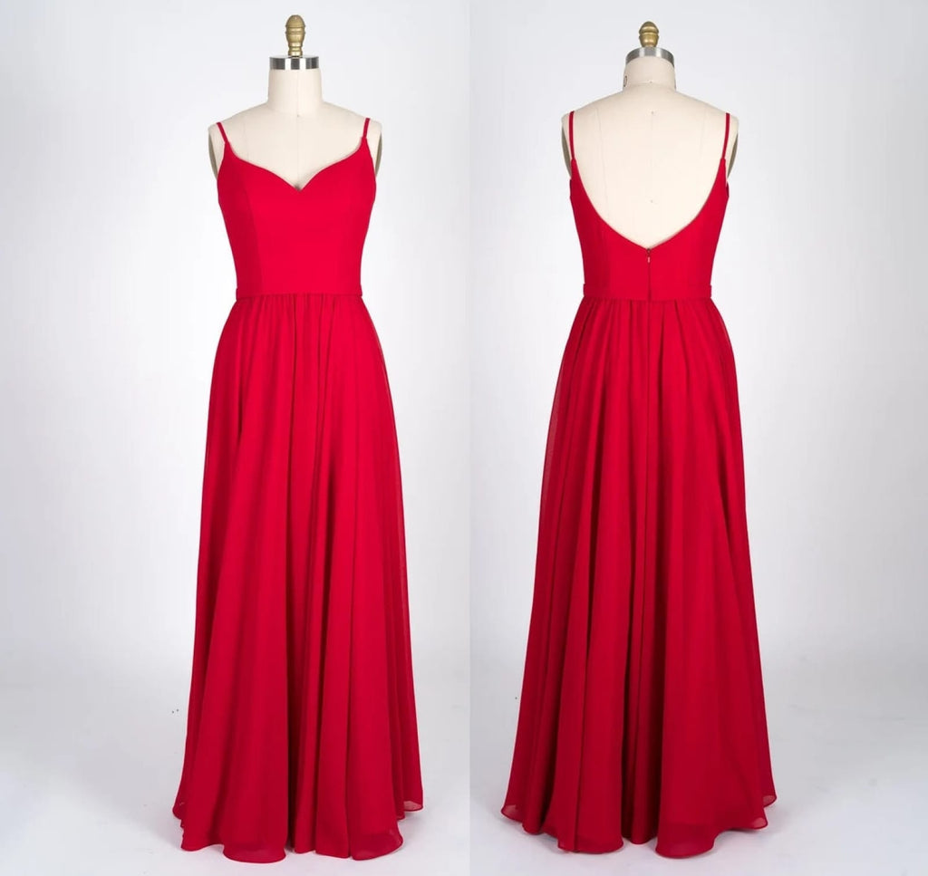 Spaghetti Strap Sweetheart U Back Red Chiffon Bridesmaid