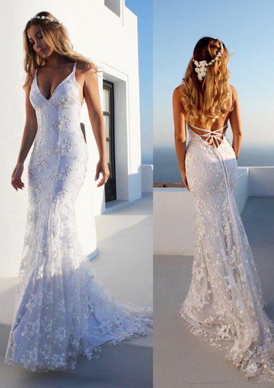 Spaghetti Straps Backless Fishtail Ivory Satin Lace Mermaid