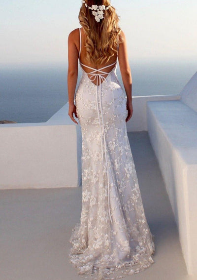 Spaghetti Straps Backless Fishtail Ivory Satin Lace Mermaid