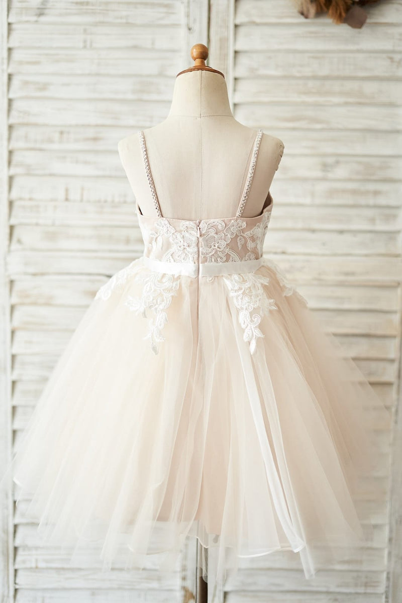 Spaghetti Straps Little Wedding Guest Sequin Top Tulle Unique A-line Flower Girl Dresses, FGS0041 main image 1