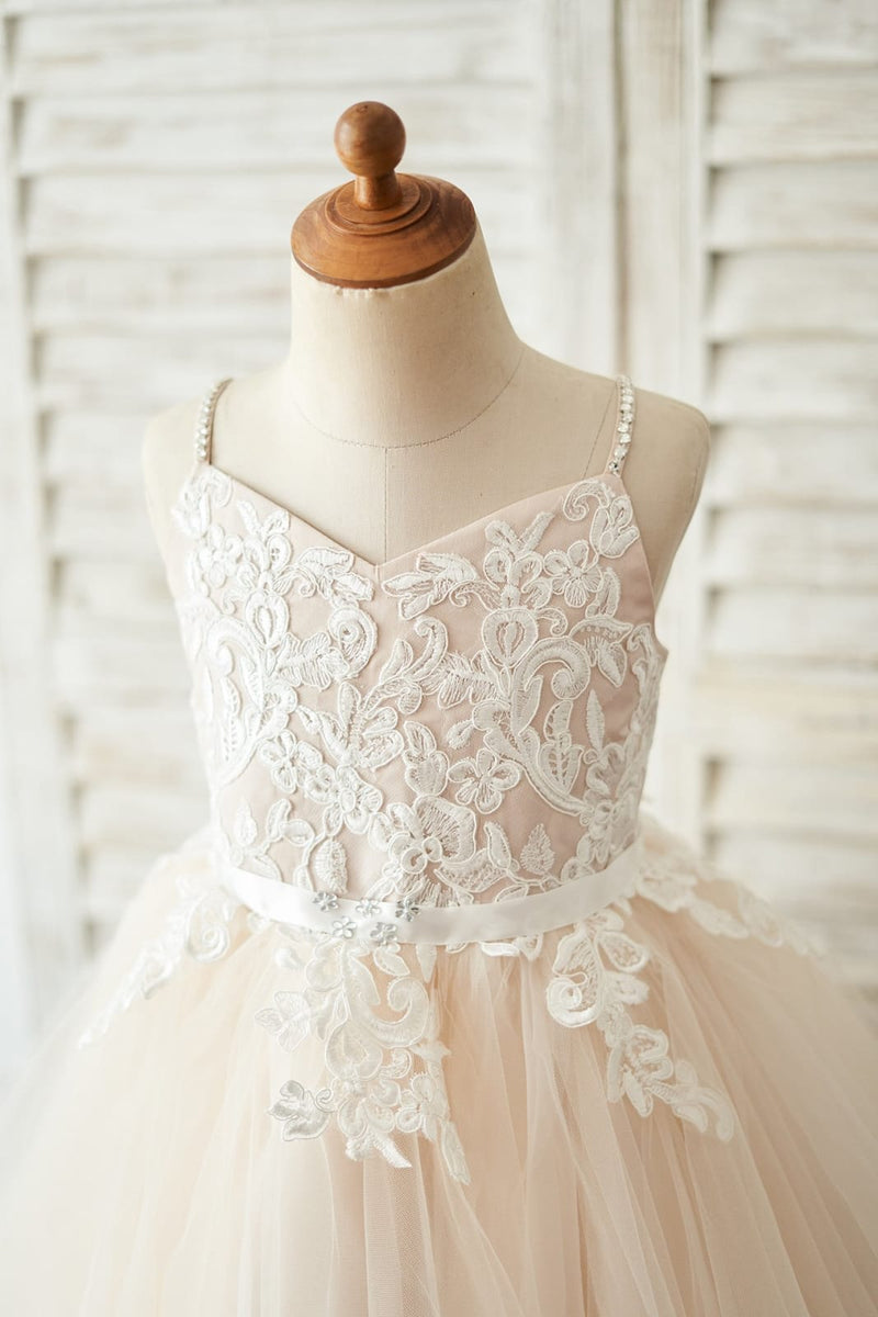 Spaghetti-Straps Flower Girl Dress with Sleeveless Lace Applique Bodice and A-Line Tulle Skirt
