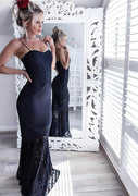 Spaghetti Straps Sweetheart Navy Blue Lace Satin Mermaid Evening Gown
