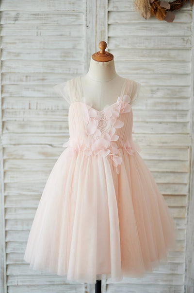 Strap Blush Pink Lace Tulle Wedding Flower Girl Dress with