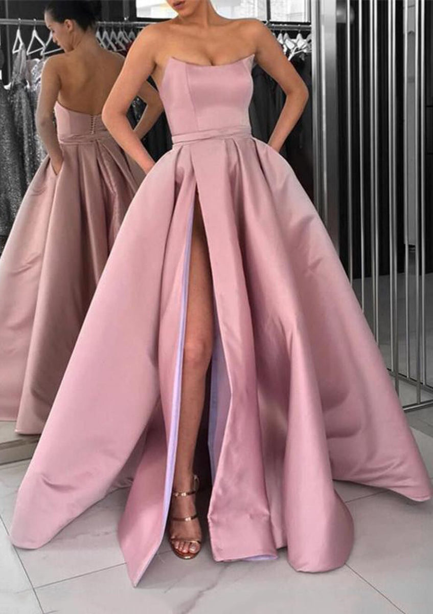 slim fit dress slacks Strapless High Slit Pink Satin Formal Gown Prom Dress, Pockets