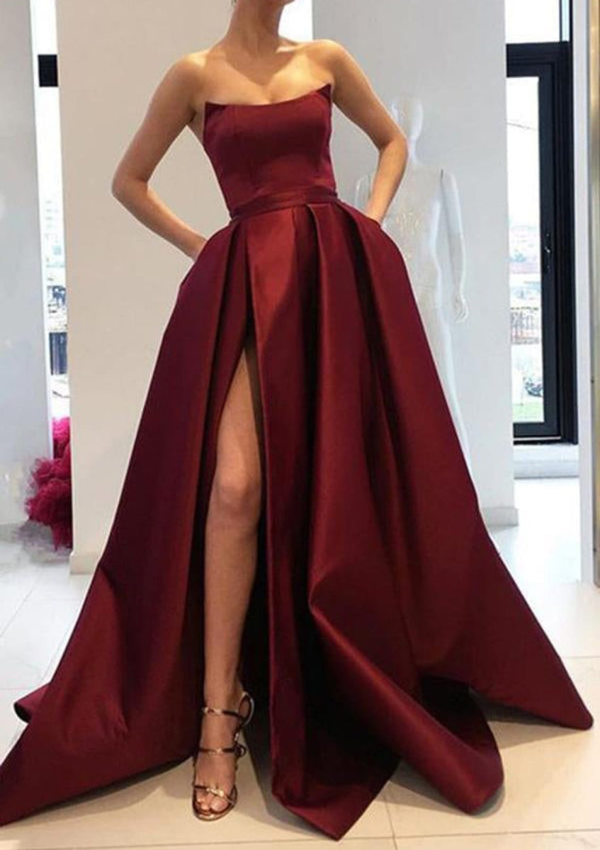 Strapless High Slit Pink Satin Formal Gown Prom Dress, Pockets Strapless High Slit Pink Satin Formal Gown Prom Dress, Pockets