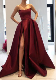 Strapless High Slit Pink Satin Formal Gown Prom Dress