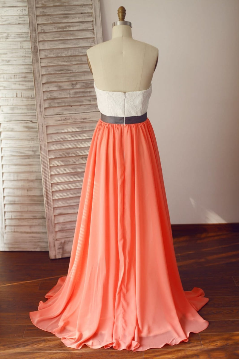 Strapless Ivory Lace Coral Chiffon Wedding Bridesmaid Dress, Sweep Train 2