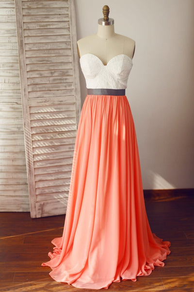 Strapless Lace Coral Chiffon Wedding Bridesmaid Dress
