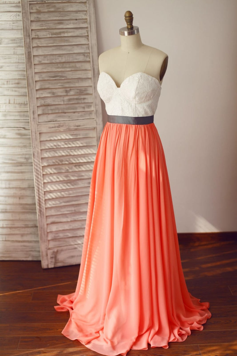 Strapless Ivory Lace Coral Chiffon Wedding Bridesmaid Dress, Sweep Train 8
