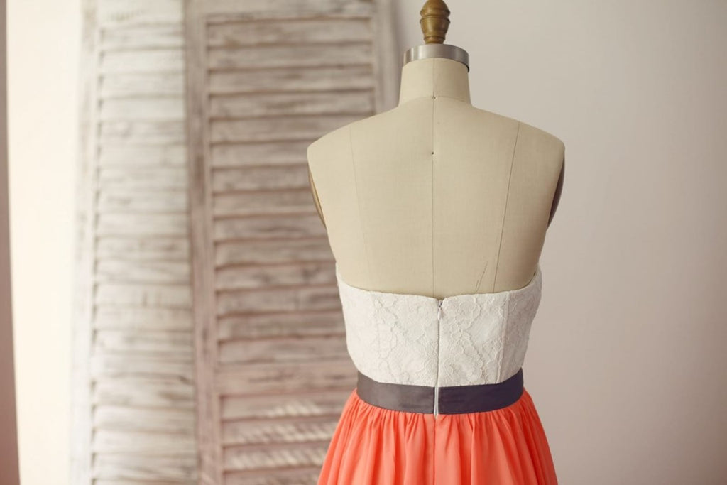 Strapless Lace Coral Chiffon Wedding Bridesmaid Dress