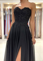 Strapless A-line Sweetheart Sweep Train Chiffon Black Formal