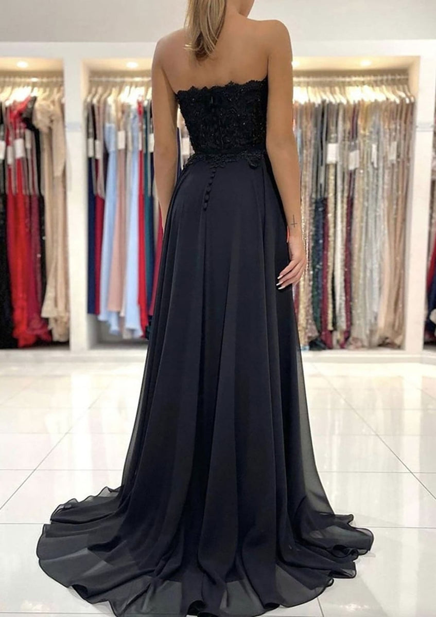 knee length dresses for ladies Strapless A-line Sweetheart Sweep Train Chiffon Black Formal Prom Dres