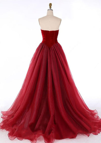 Strapless Organza Velvet Burgundy & Crimson Basque Waist 