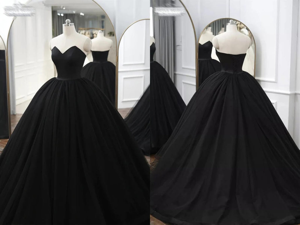 Strapless Sweetheart Black Satin Tulle Court Ball Gown