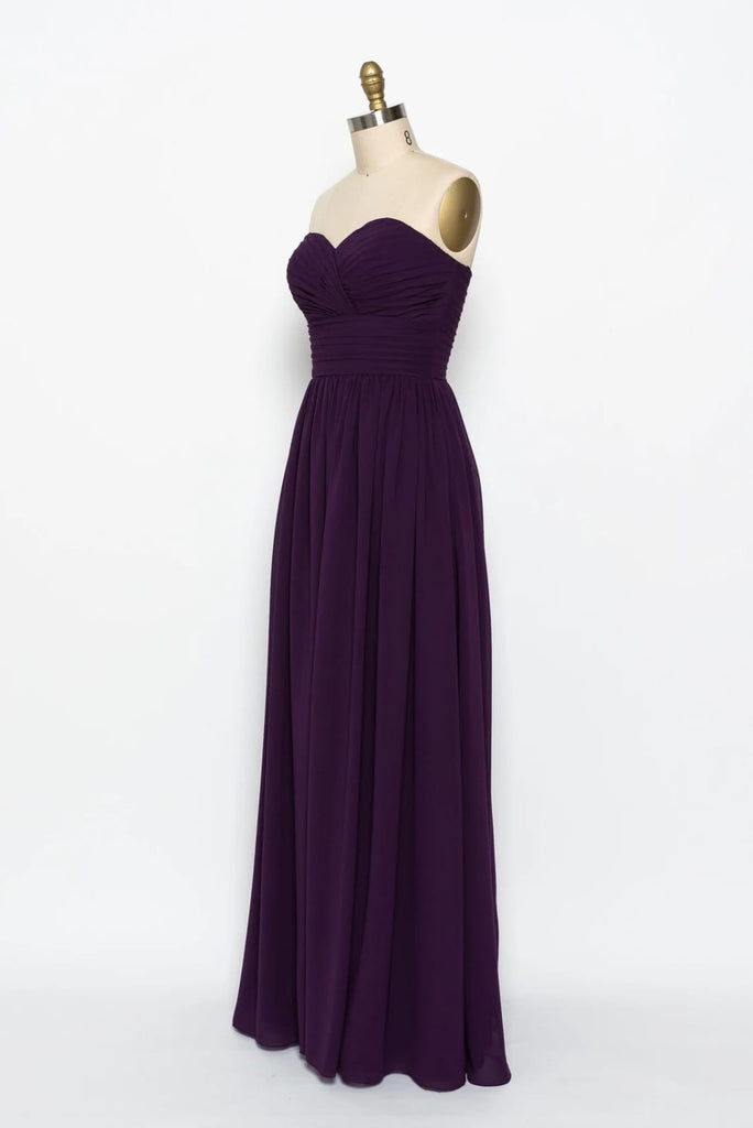 Strapless Sweetheart Ruched Long Purple Chiffon Bridesmaid
