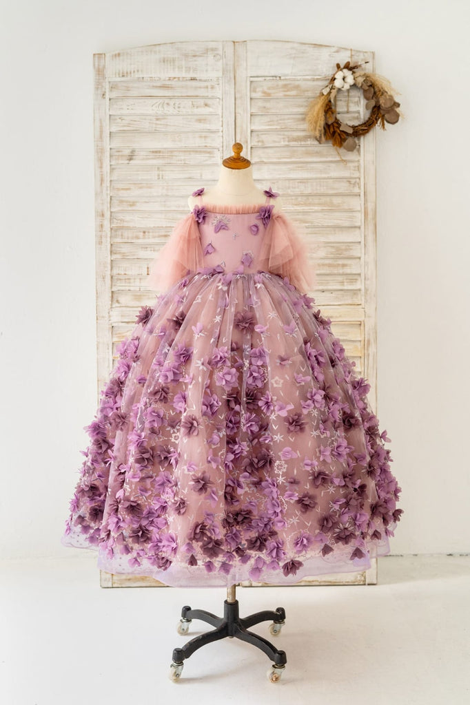 3D Purple Lace Flower Tulle Wedding Flower Girl Dress Kids