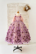Straps 3D Purple Lace Flower Tulle Wedding Flower Girl Dress Photography Gown