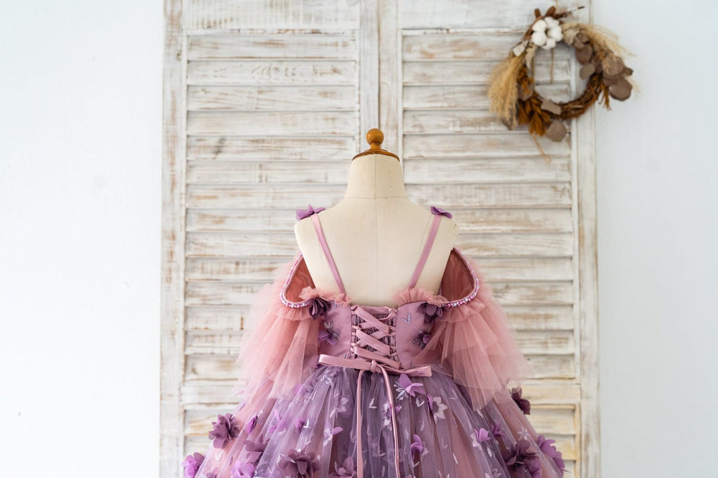 3D Purple Lace Flower Tulle Wedding Flower Girl Dress Kids