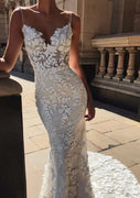 Straps Open Back Leaves Lace Chapel Mermaid Wedding Dress