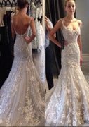 Tirantes Tul Vestido De Novia Trompeta Novia Corte Cola, Con Apliques
