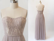 Sweetheart Grey Lace Tulle Long Strapless Bridesmaid Dress