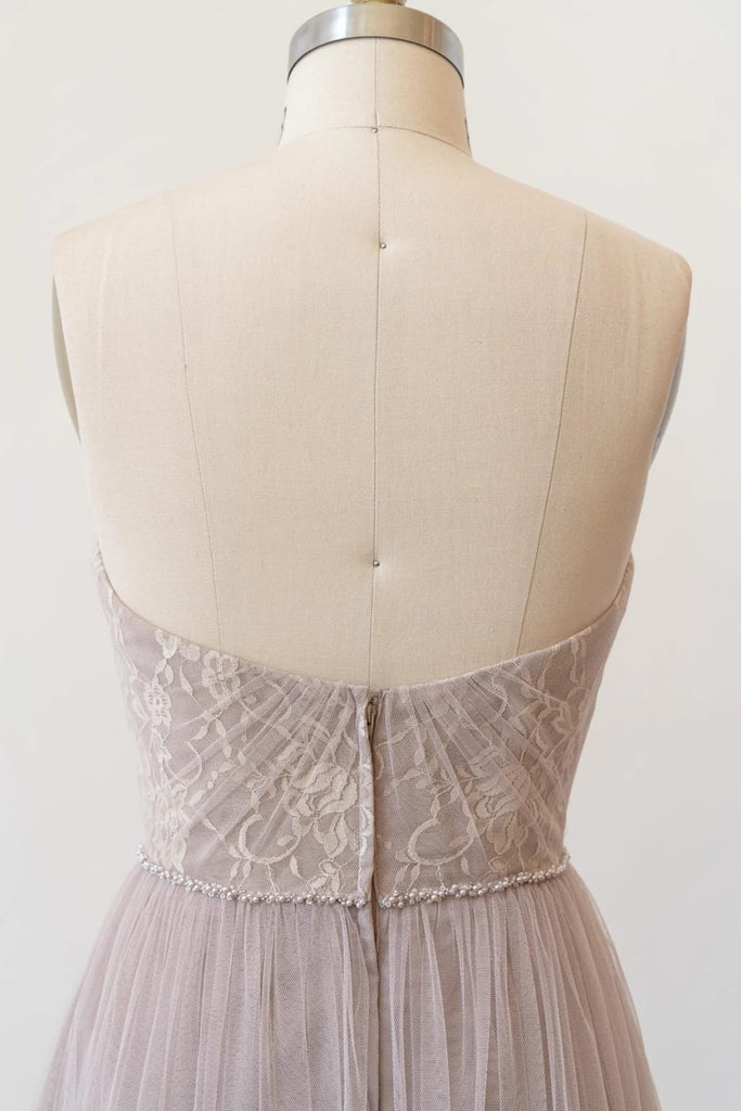 Sweetheart Grey Lace Tulle Long Strapless Bridesmaid Dress