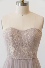 Sweetheart Grey Lace Tulle Long Strapless Bridesmaid Dress
