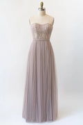 Sweetheart Grey Lace Tulle Long Strapless Bridesmaid Dress, Beads