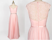 Sweetheart Lace Long Pink Chiffon Bridesmaid Dress Beaded