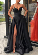 Sweetheart Strap A-line Floor-Length Split Satin Black Prom Dress, Pockets