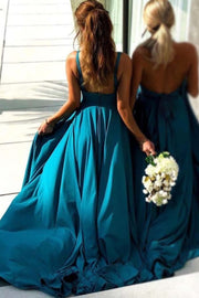 Teal Blue V neck Sleeveless Long Backless Chiffon Wedding 