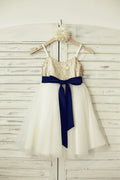 Thin Straps Champagne Sequin Tulle Flower Girl Dress, Navy Blue Belt