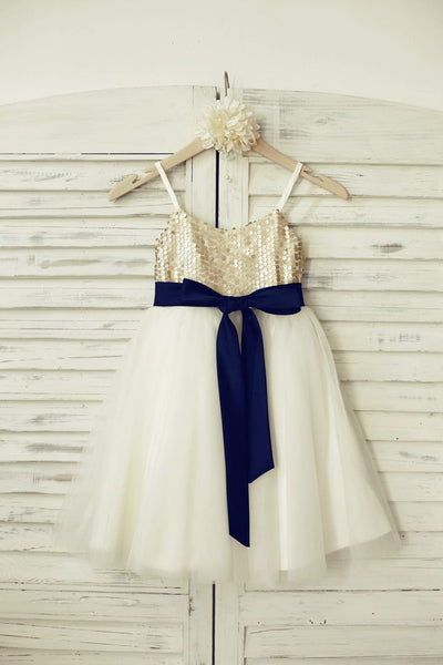 Thin Straps Champagne Sequin Tulle Flower Girl Dress with