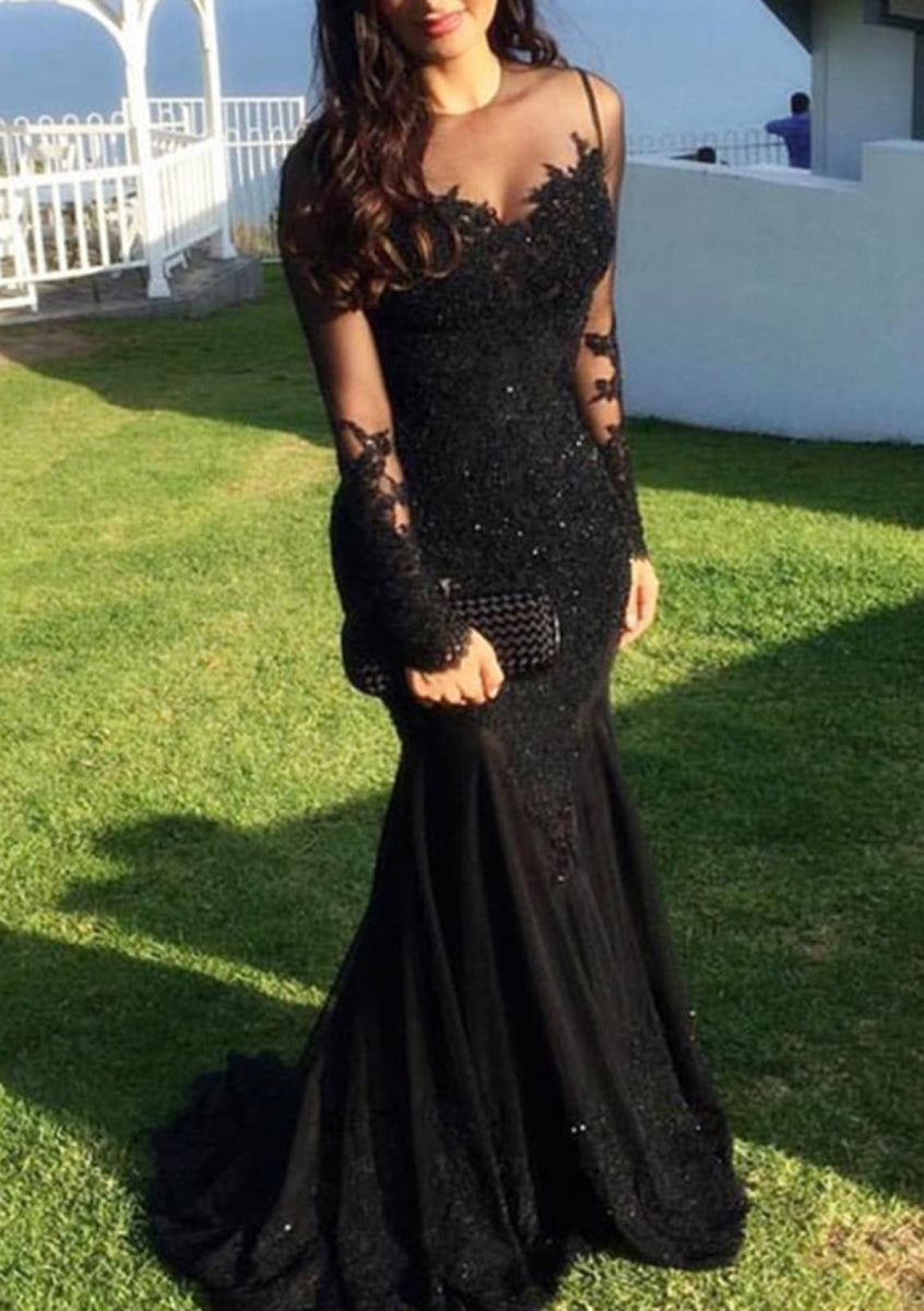 Trumpet Illusion Full Sleeve Sweep Lace Tulle Black Evening Gown, Sequ ...