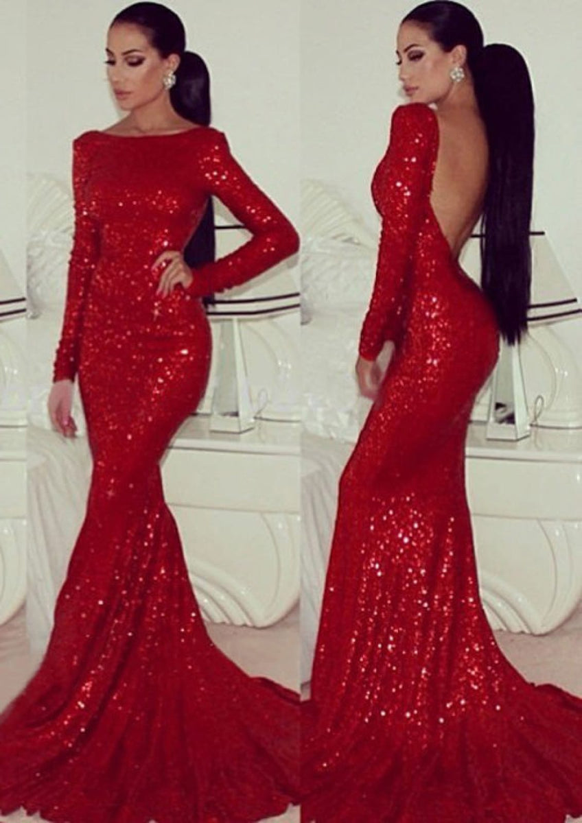 Trumpet Long Sleeve Bateau Backless Court Train Sequined Prom Party Ev ...