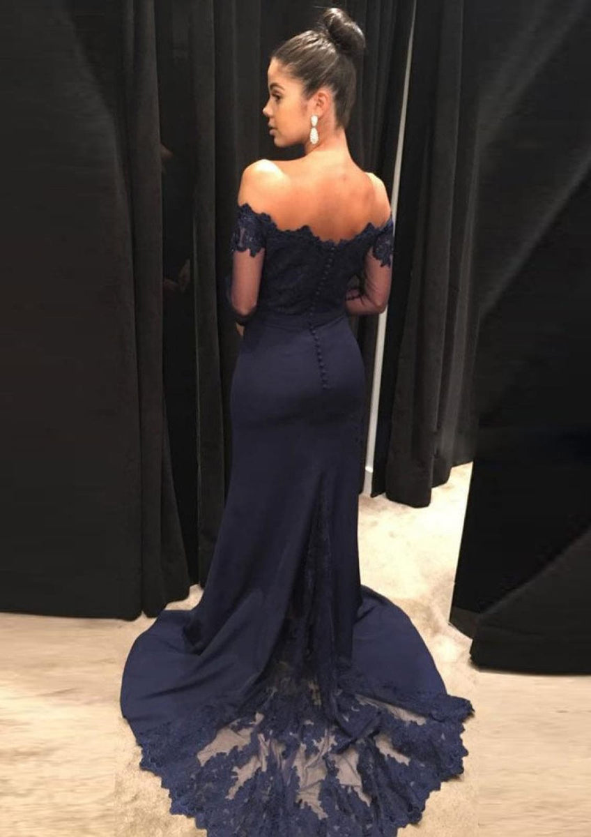 Trumpet Off Shoulder Court Long Sleeve Navy Lace Satin Evening Gown - Princessly