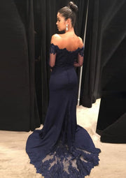 Trumpet Off Shoulder Court Long Sleeve Navy Lace Satin