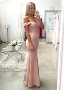 Trumpet/Mermaid Off Shoulder Sweetheart Long Elastic Satin Prom Dress, Lace