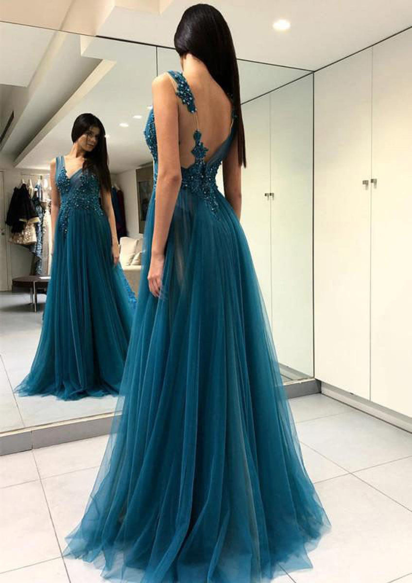 Tulle Prom Dress Ink Blue A-Line Sheer Bateau Sleeveless Floor-Length Beaded Split Tulle Prom Dress Ink Blue A-Line Sheer Bateau Sleeveless Floor-Length Beaded Split